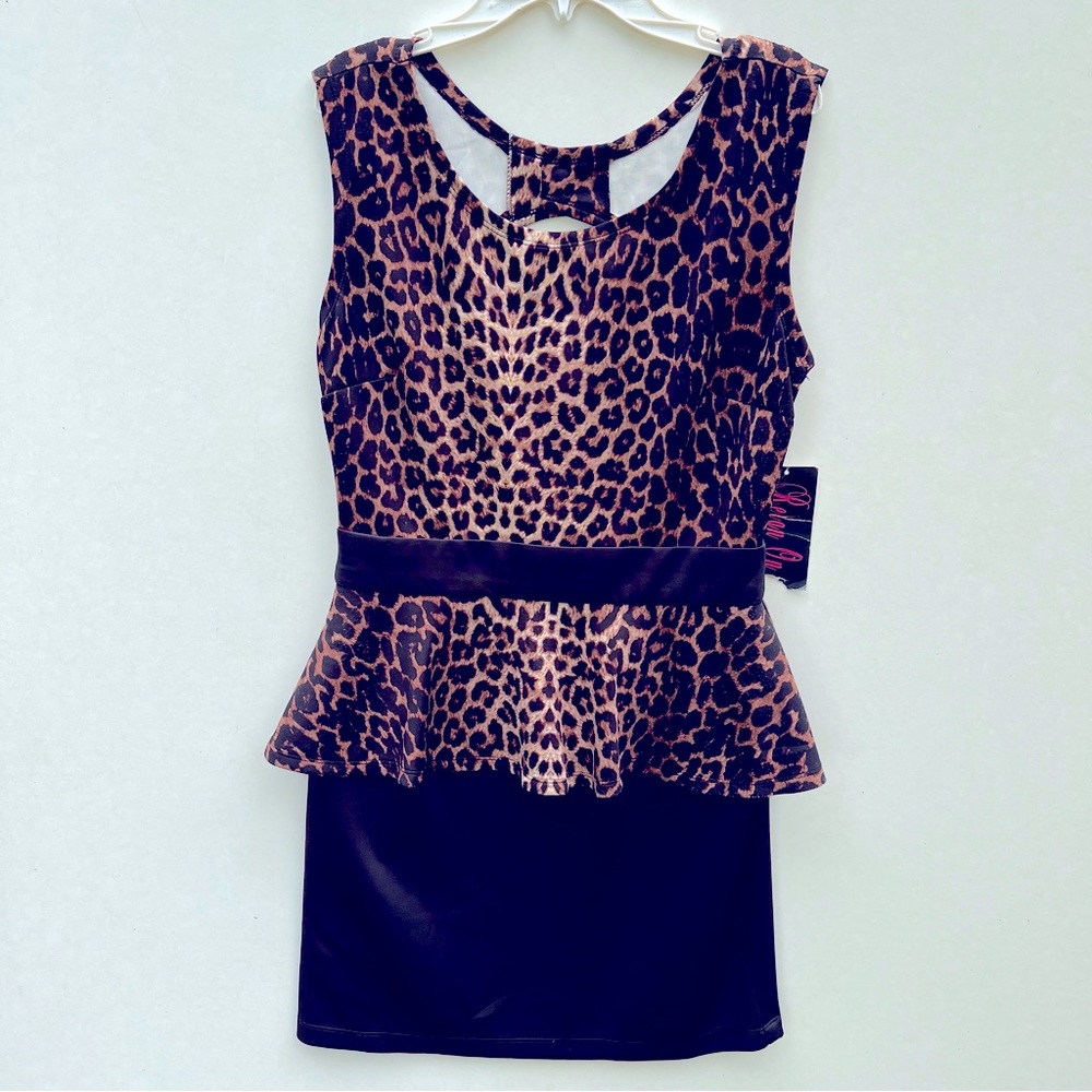 REIGN ON LEOPARD PEPLUM MIDI DRESS